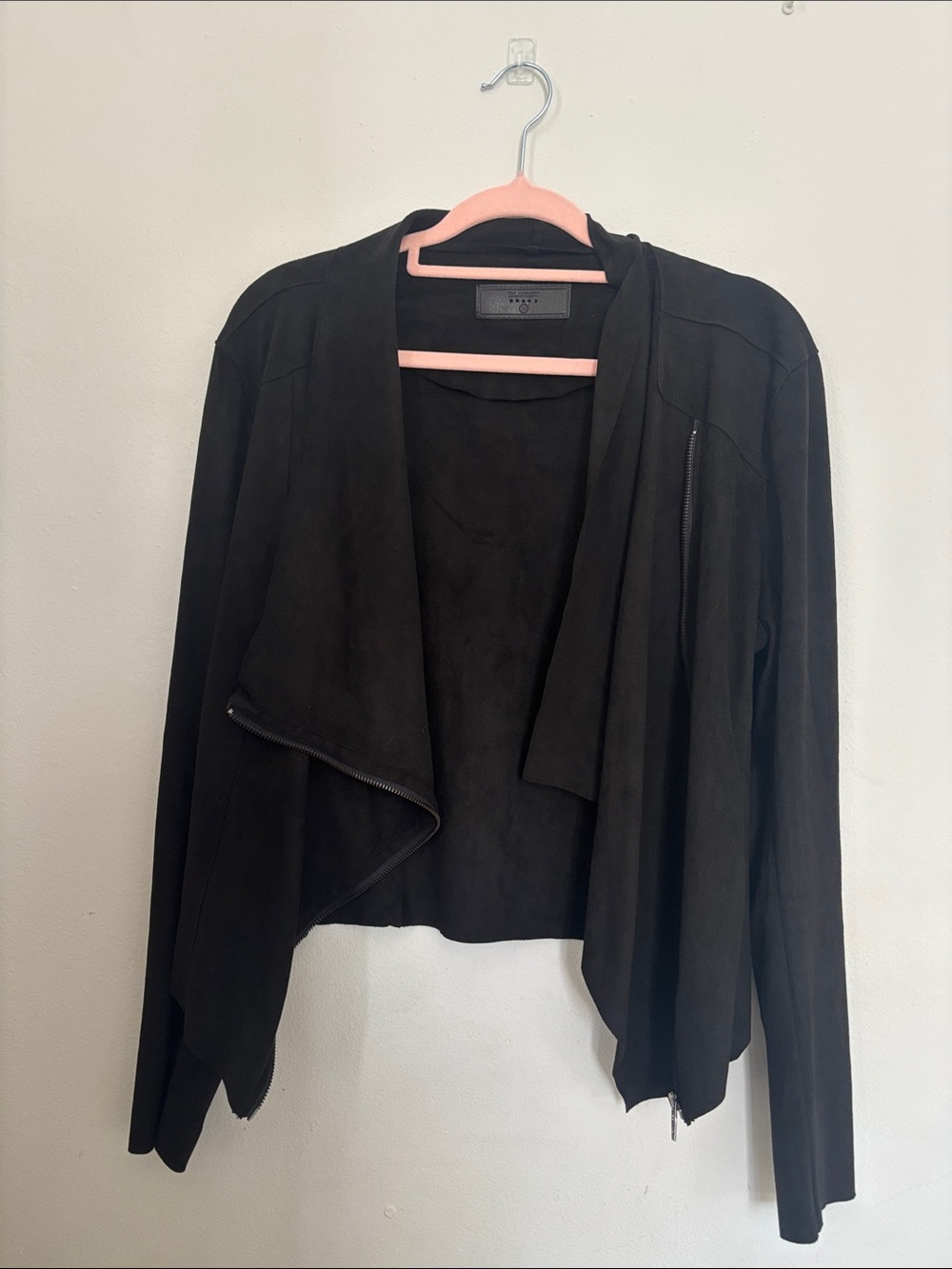 Blank NYC Black Draped Open-Front Suede-Look Jacket
